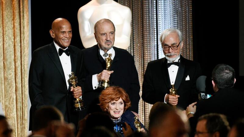 Honorees (l to r), singer and social activist Harry Belafonte,  screenwriter Jean-Claude Carriere, actress Maureen O’Hara and Japanese film director and animator Hayao Miyazaki. Photograph: Kevork Djansezian/Reuters