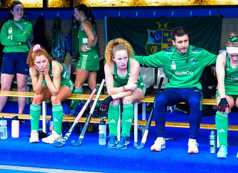 Ireland’s Sarah McCauley and Michelle Carey dejected after losing to Great Britain in 2023. Photograph: Frank Uijlenbroek/Inpho