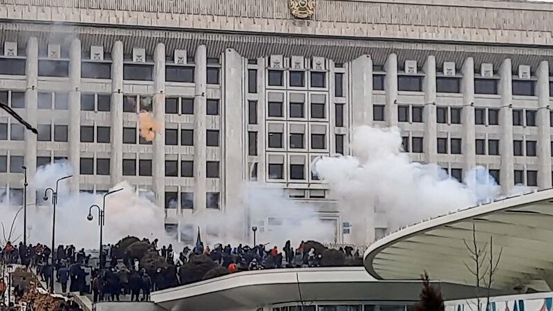 An image grab of protesters near an administrative building during a rally in Almaty on Wednesday. Photograph: AFP via Getty Images