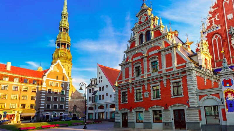 City Hall Square, with the House of the Blackheads and Saint Peter’s church, in Riga, Latvia