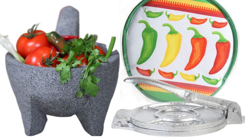 Molcajete €45, tortilla cosy €18.50, Tortilla press from €35. All available from picadomexican.com
