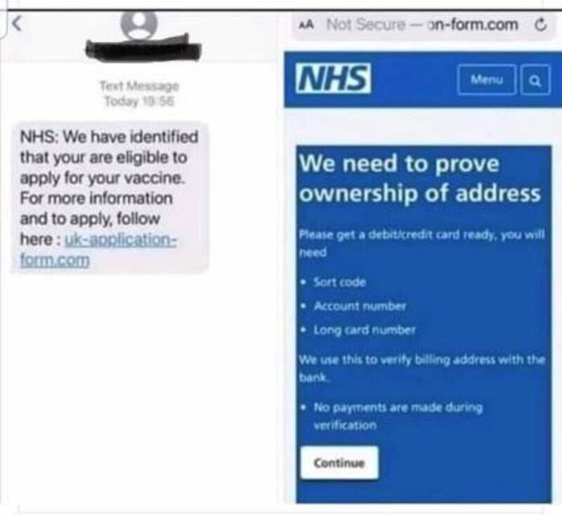 An example of the scam message that uses the Covid-19 vaccine to attempt to access bank details. Image courtesy of PSNI