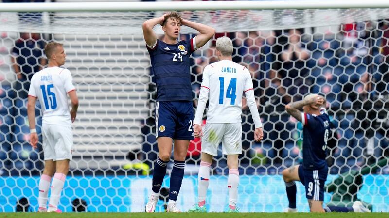 Jack Hendry reacts after hitting the bar against the Czech Republic. Photograph: Petr Josek/Getty