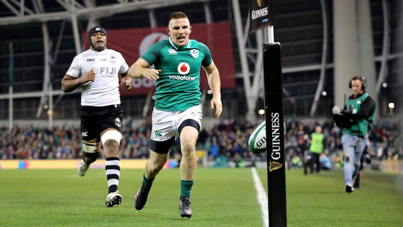 Andrew Conway sees  his kick  hit the post against Fiji. Photograph: Ryan Byrne/Inpho