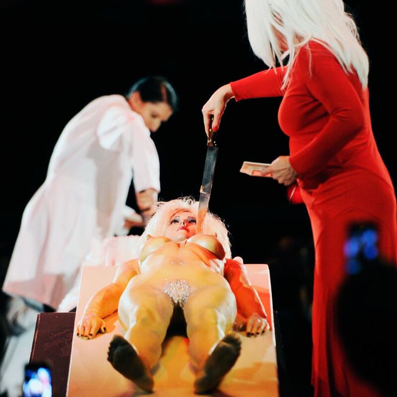 A matter of taste: Marina Abramovic’s  fundraising dinner for Los Angeles Museum of Contemporary Art included some startling “human cake” that Debbie Harry, the Blondie singer, began to cut up. Photograph: Frazer Harrison/Getty