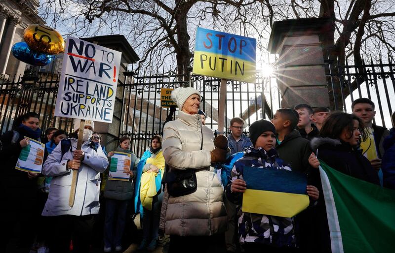 Patsy Sheehan from Co Clare joined children from St Josephs School in Fairview outside the Dáil on Wednesday. Photograph: Alan Betson/The Irish Times
