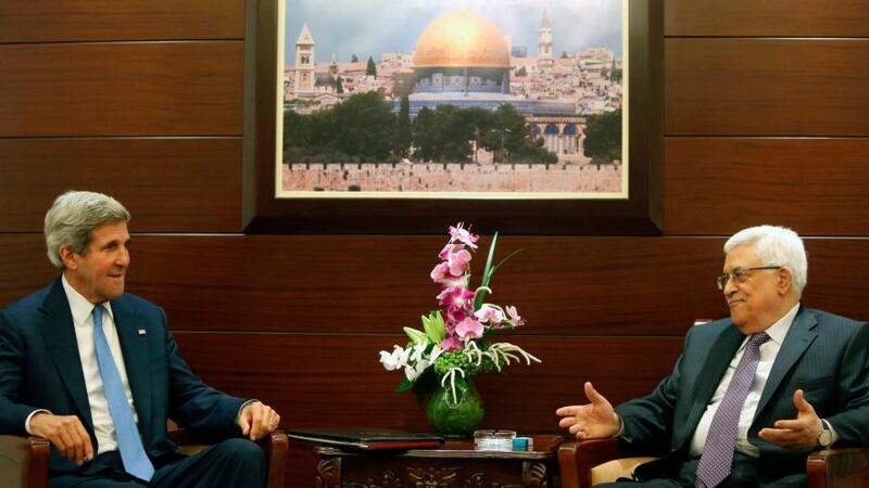 US secretary of state John Kerry met with Palestinian president Mahmoud Abbas at the Mukataa compound in the West Bank city of Ramallah yesterday. Photograph: Fadi Arouri/Pool