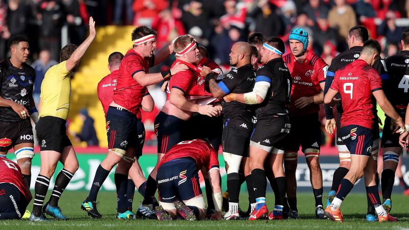 Tempers flare during Munster’s scrappy win over Castres in Limerick. Photograph: Dan Sheridan/Inpho