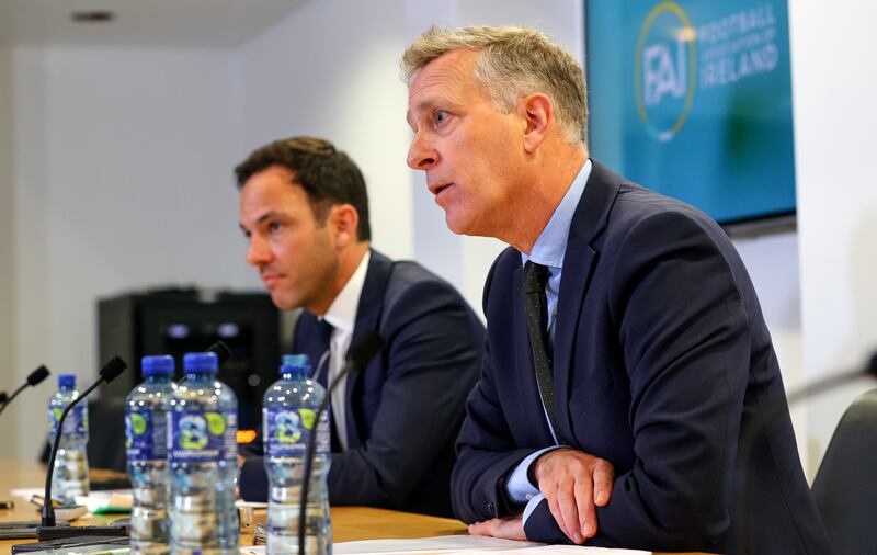 FAI director of football Marc Canham with FAI chief executive Jonathan Hill. Photograph: Ryan Byrne/Inpho