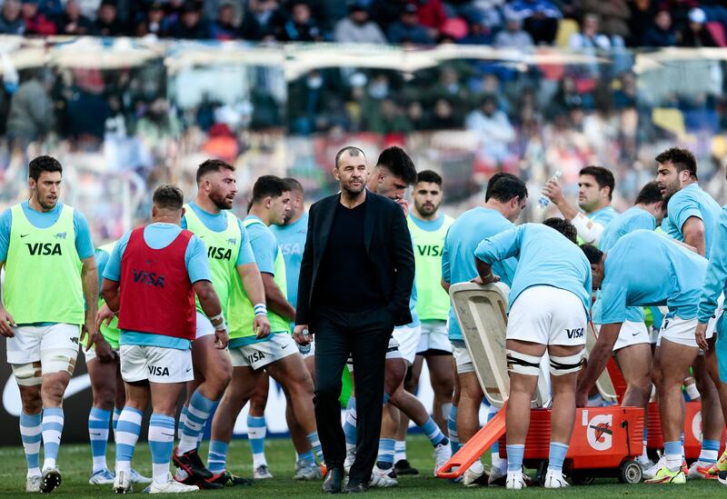Coach Michael Cheika and his Argentina squad during the the series-deciding third Test against Scotland at the Madre de Ciudades Stadium in Santiago del Estero, Argentina. Photograph: Pablo Gasparini/AFP/Getty Images 