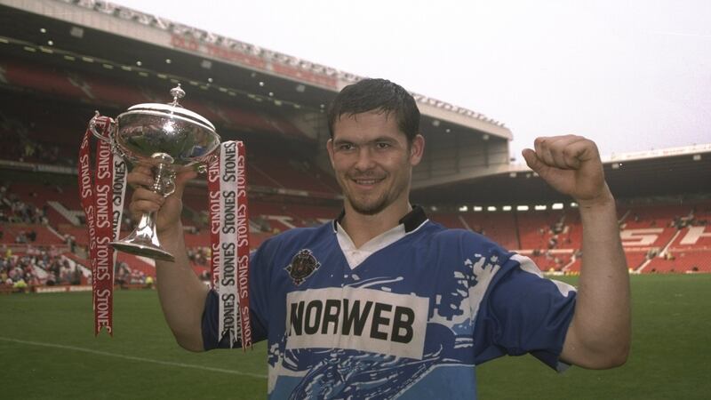 Andy Farrell celebrates Wigan’s 1997 Premiership final win over St Helens at Old Trafford. Photograph: Allsport UK