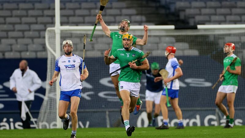 Dan Morrissey and  Sean Finn  celebrate at the final whistle after the All-Ireland hurling final win over Waterford last December. Photograph: James Crombie/Inpho