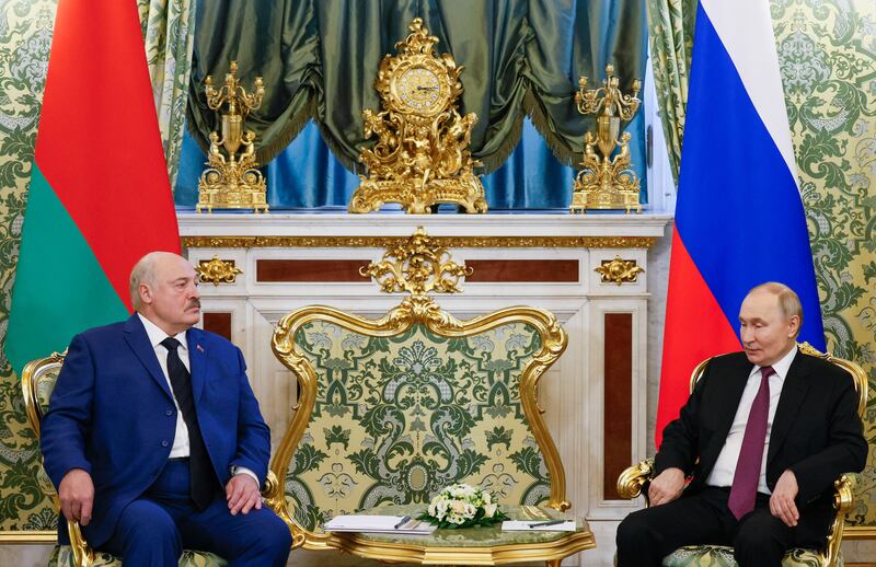 Russia's president Vladimir Putin meets with his Belarusian counterpart Alexander Lukashenko at the Kremlin in Moscow on Thursday. Photograph: Maxim Shemetov/AFP/Getty