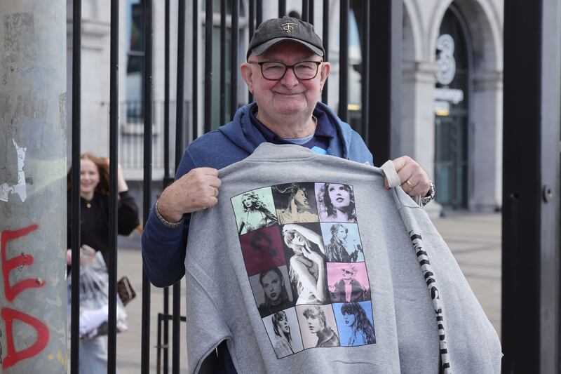 Bernard McGrath (71) from Hereford, England, but originally from Marino, Dublin, with his Taylor Swift merchandise. Photograph: Alan Betson

