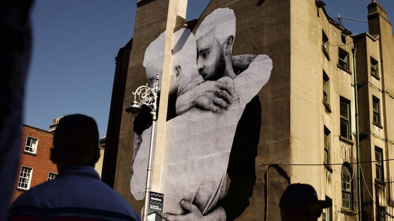 The Claddagh Embrace: Joe Caslin’s marriage-equality mural featured in the New York Times. Photograph: Paulo Nunes dos Santos/NYT