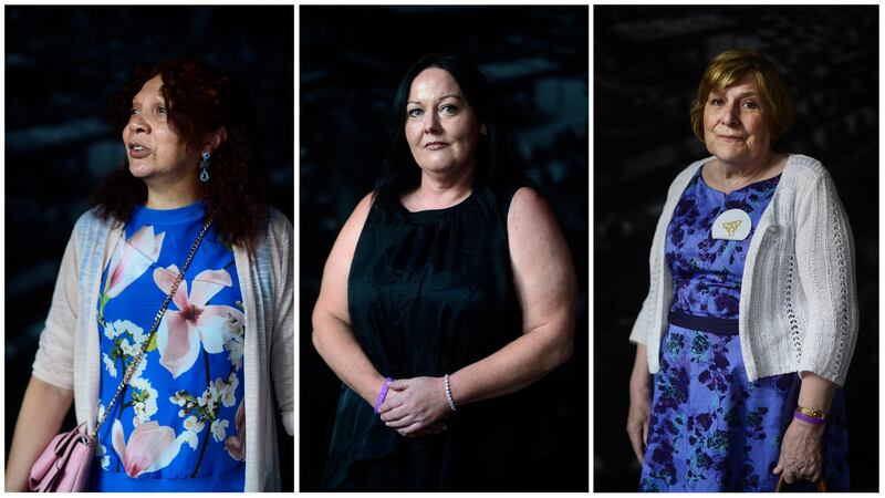 Unshamed Magdalenes: among the women who met President Michael D Higgins this week were Annette Hall, from London, Pauline O’Reilly, from Swords, Co Dublin, and Elizabeth Coppin, from Cambridge, in England. Portraits by Cyril Byrne