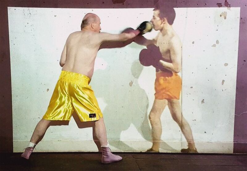 Kevin Atherton Still from Boxing Re-Match, 1972-2015: the artist spars, kitted out in full boxing gear, with his considerably younger self, aged only 21.
