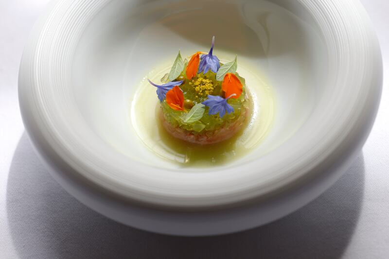 Raw red prawns, cucumber and jalapeño at Carton House.  Photograph: Nick Bradshaw