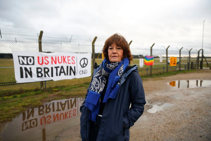Reporter Jane Corbin at a protest outside RAF Lakenheath in Nuclear Armageddon: How Close Are We? Photograph: Samuel Palmer/BBC Studios