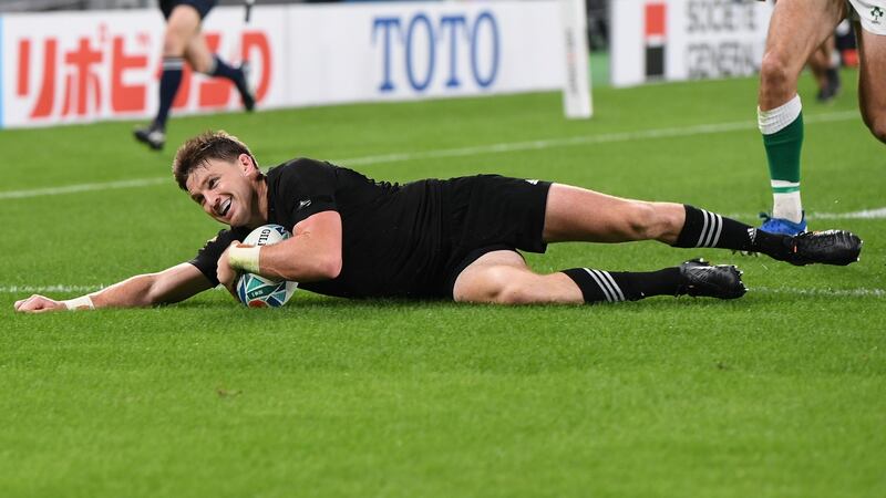 New Zealand’s Beauden Barrett scores a try in the first half: Photograph: Andrew Cornaga/Inpho