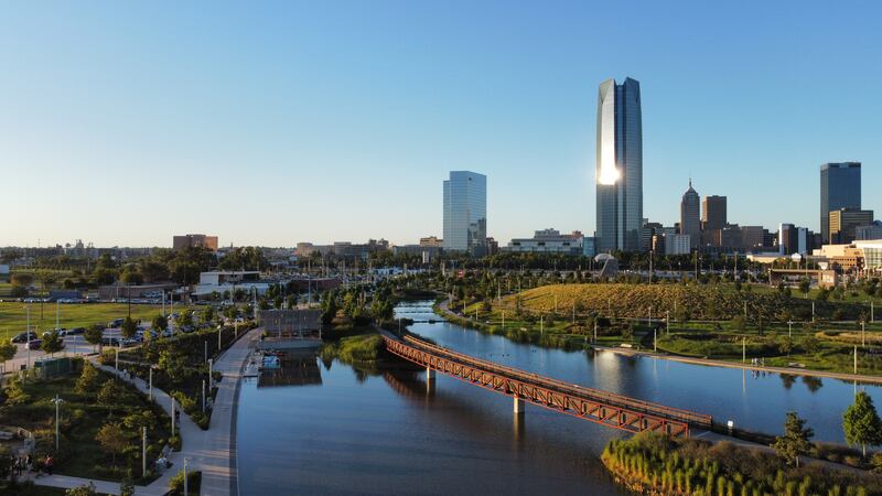 A drone view from Scissortail Park of the Oklahoma City skyline. Photograph: Travis Lloyd/Getty Images