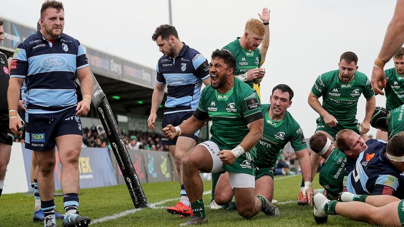 Connacht’s Bundee Aki celebrates after Gavin Thornbury scored their  second try during the Guinness Pro 14 game against Cardiff Blues  at the  Sportsground. Photograph: James Crombie/Inpho