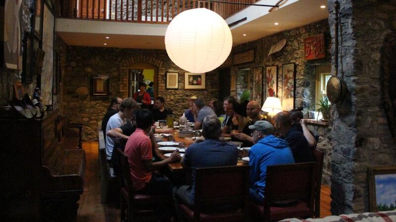 Campers and tutors eating lunch together during the 21 Drums camp in Grouse Lodge Studios, Co Westmeath.  Photograph: Glen Murphy