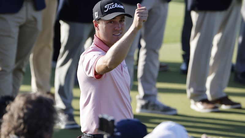Justin Thomas acknowledges the crowd after winning the playoff round against Will Zalatoris at the US PGA. Photograph: Erik S Lesser/EPA