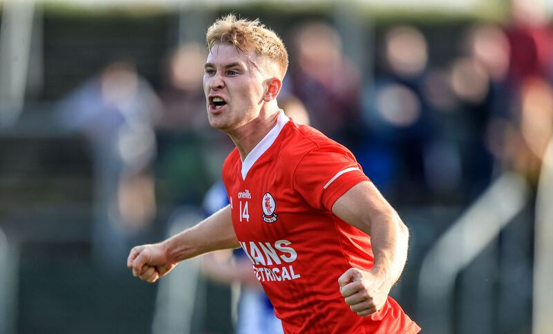 Éire Óg's Ross Dunphy celebrates scoring a goal against Tinryland in the Carlow SFC final at Netwatch Cullen Park. Photograph: Evan Treacy/Inpho 