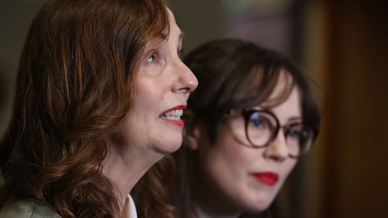 Carmel Quinn, whose brother John Laverty was shot, with her daughter Mary Kate Quinn at the International Convention Centre  in Belfast where the inquests took place. Photograph: Liam McBurney/PA Wire