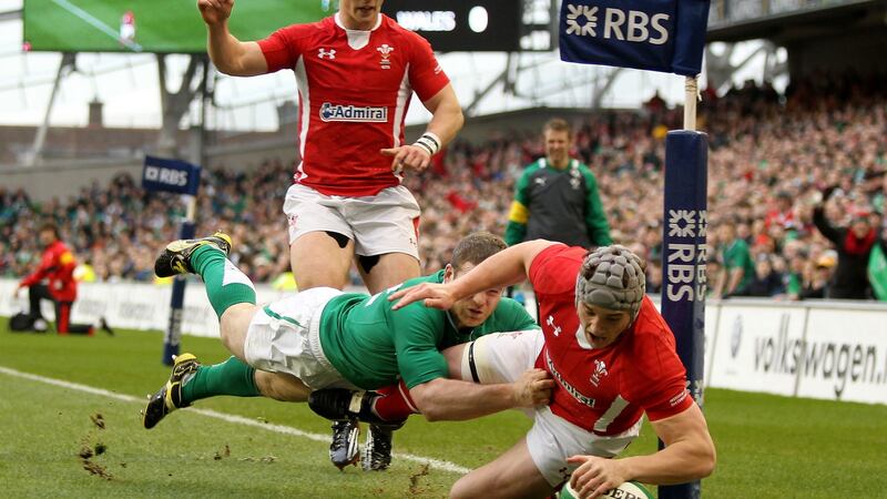 Jonathan Davies scores the opener for Wales in their victory over Ireland in 2012. Photograph: James Crombie/Inpho