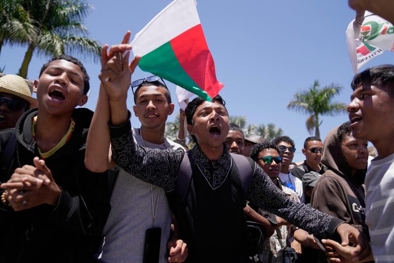 Protesters during a protest calling for president Andry Rajoelina to step down in Antananarivo, Madagascar, on Tuesday. Photograph: Brian Inganga/AP