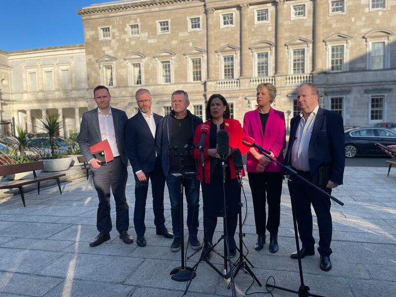 Social Democrats deputy leader Cian O'Callaghan, Green Party leader Roderic O'Gorman, leader of Solidarity-People Before Profit Richard Boyd Barrett, Sinn Féin leader Mary Lou McDonald, Labour leader Ivana Bacik and Independent Ireland leader Michael Collins outside the Dáil on Tuesday. Photograph: PA