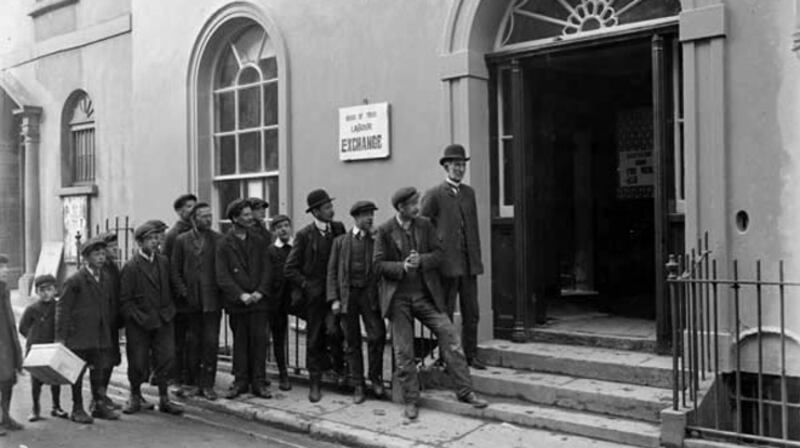 Queue outside of the Waterford Labour Exchange on March 3rd, 1910. Photograph: National Library of Ireland