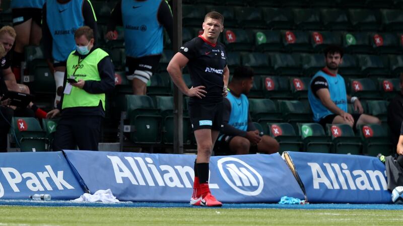 Owen Farrell of Saracens looks dejected after being sent off by referee Christophe Ridley for a dangerous tackle on Charlie Atkinson during the  Premiership defeat to Wasps at Allianz Park. Photograph:  David Rogers/Getty Images