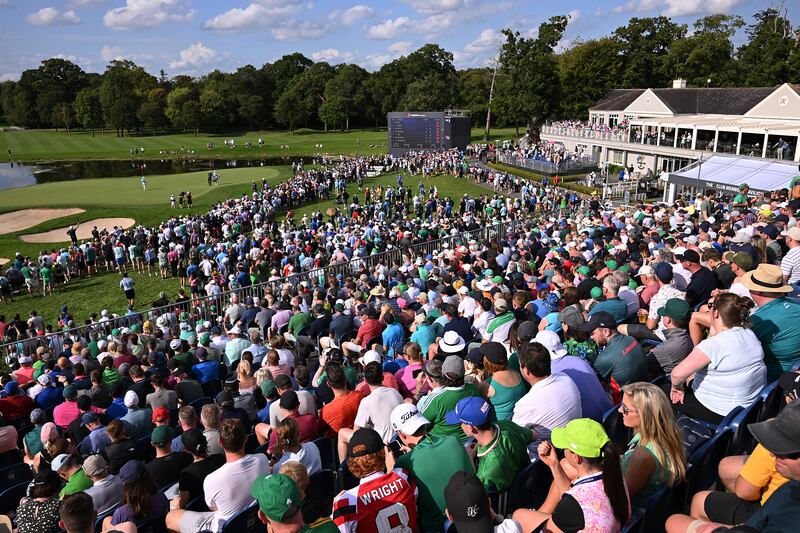 STRAFFAN, IRELAND - SEPTEMBER 09: A general view as Rory McIlroy of Northern Ireland, Adrian Meronk of Poland and Thomas Detry of Belgium play the 18th green during Day Three of the Horizon Irish Open at The K Club on September 09, 2023 in Straffan, Ireland. (Photo by Ross Kinnaird/Getty Images)
