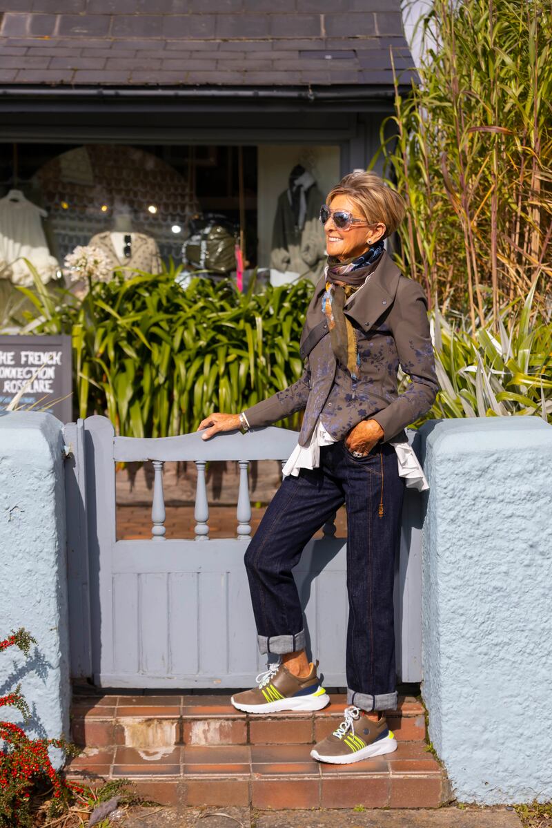 Noreen Fox of the The French Connection wearing HIGH Conquest Jacket (€765), HIGH Beguile Blouse (€430), HIGH Artful Scarf (€315), and 
HIGH Interupt Jeans (€405). Photograph: Patrick Browne