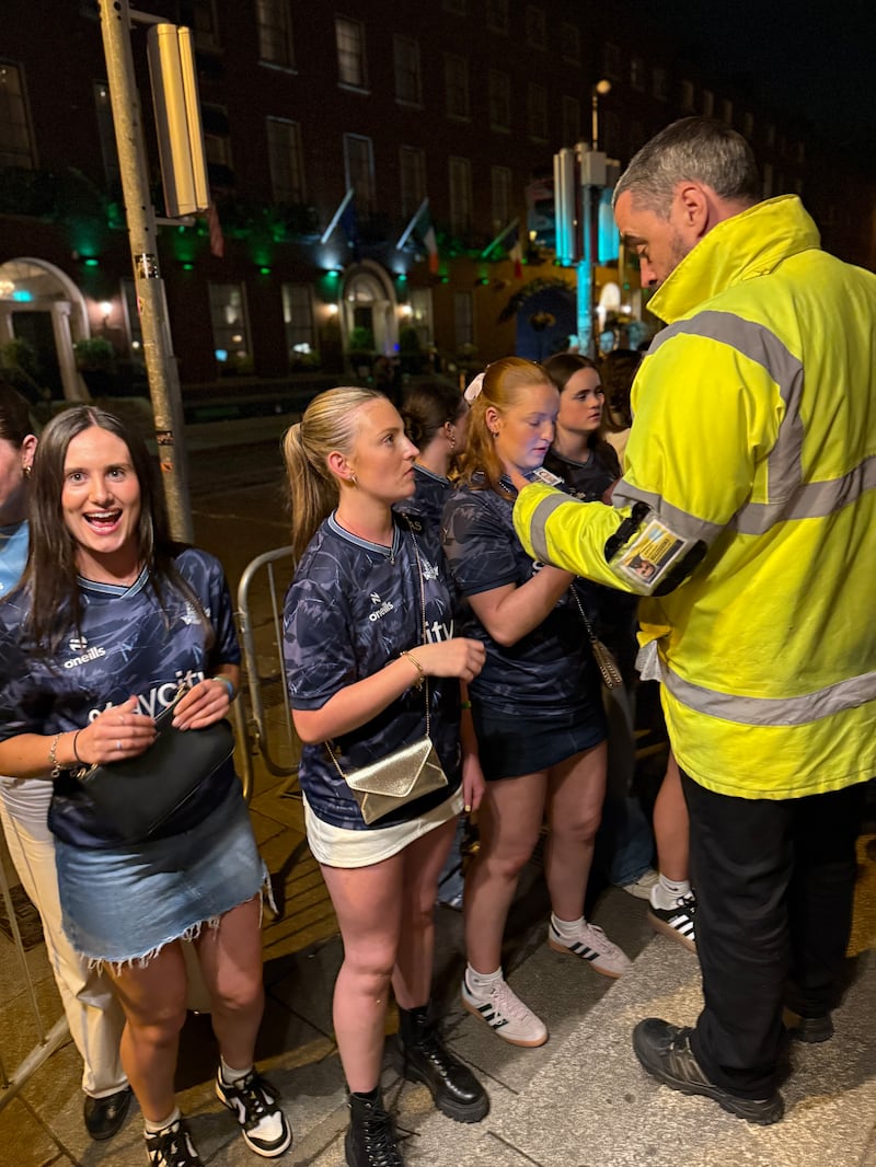 Dublin Camogie players at the top of the queue heading into Coppers. Photograph: Conor Pope