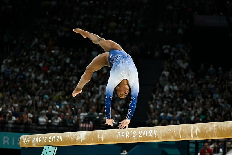 Simone Biles competes in the artistic gymnastics women's balance beam final during the Paris 2024 Olympic Games. Photograph: Gabriel Bouys/AFP via Getty Images