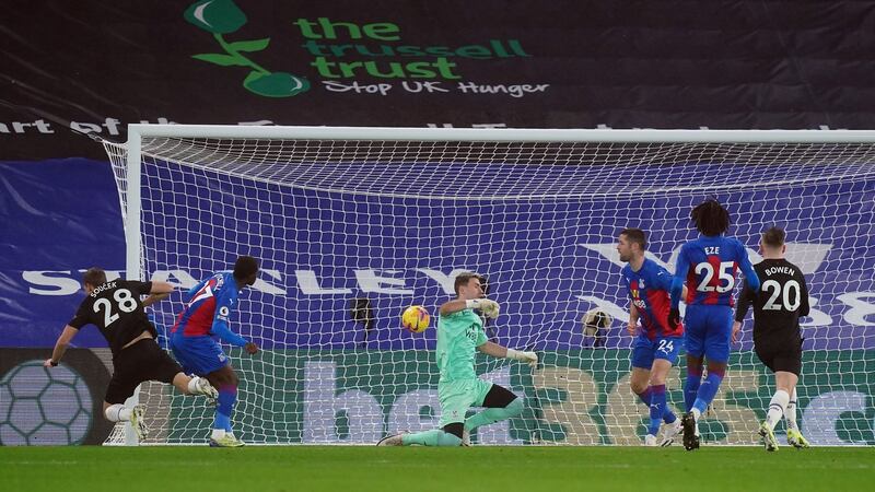 Tomas Soucek scores West Ham’s early equaliser against Crystal Palace. Photograph: John Walton/PA