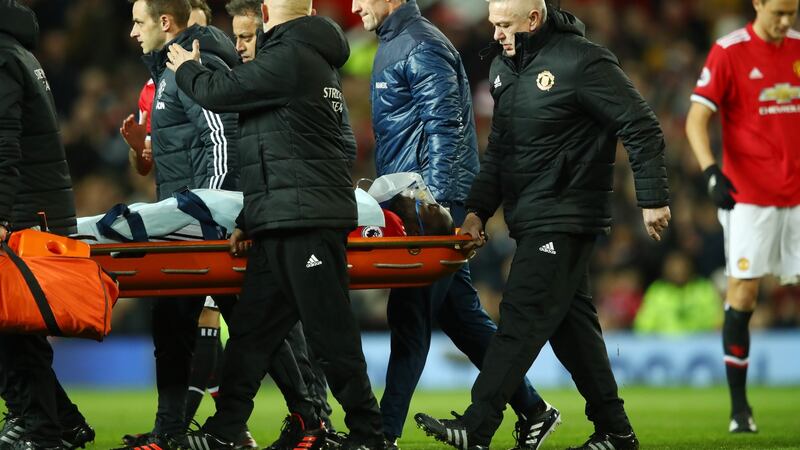 Romelu Lukaku is stretchered off in the early stages of Man United’s goalless draw with Southampton. Photograph: Clive Mason/Getty
