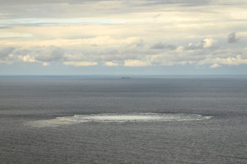 An image from the Danish military shows a disturbance in the Baltic Sea caused by gas leaks from the Nord Stream 2 pipeline off the Danish island of Bornholm, last September, following an explosion. Photograph: 
 Armed Forces of Denmark/New York Times