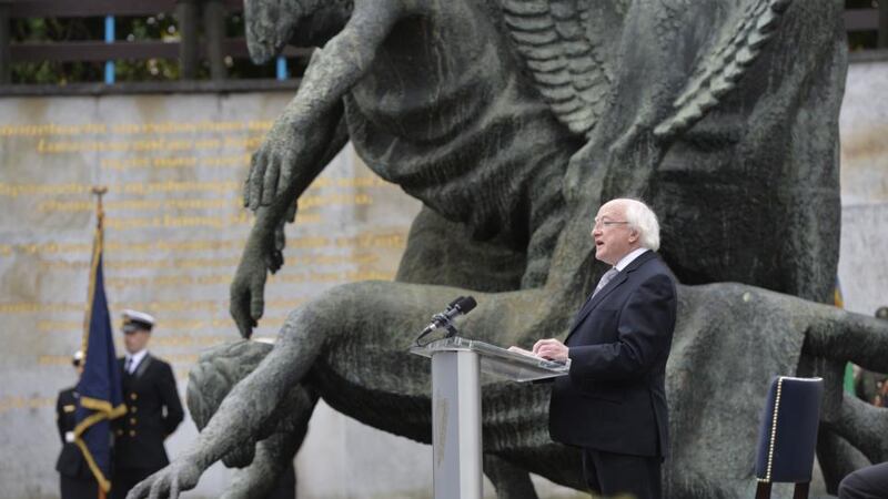 President Michael D Higgins addresses the State ceremony to mark the centenary of the founding of the Irish Volunteers, in the Garden of Remembrance in Dublin yesterday. Photograph: Alan Betson
