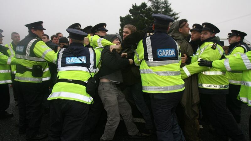 Gardaí and  protesters outside the Corrib gas terminal site in Bellanaboy, Co Mayo,  October 20th, 2006. File photograph: Niall Carson/PA