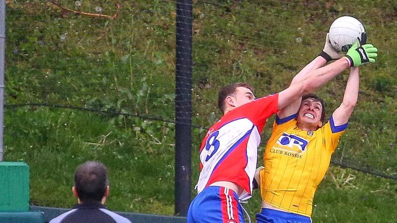New York’s Johnny Glynn leaps for the ball during the championship match against Roscommon at Gaelic Park in 2016. Photograph: Ed Mulholland/Inpho