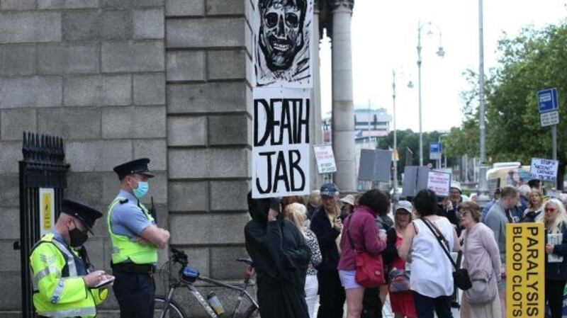 Anti-vaccine protest outside the Four Courts in Dublin in June. File Photograph: Collins Courts