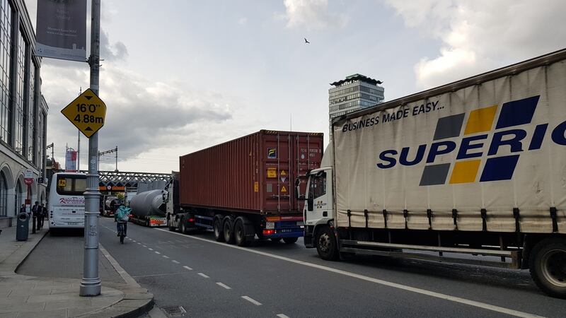 Trucks on city centre quays after ban liften due to incident in Port Tunnel. Photograph: Patrick Logue