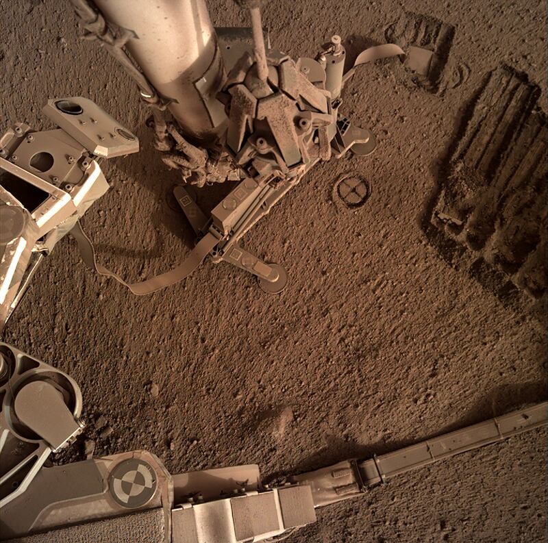 The area in front of the InSight Mars lander, taken from its robotic arm-mounted Instrument Deployment Camera. The stationary robotic probe on Mars has been steadily growing weaker as dust accumulates on its solar panels. Photograph: NASA/JPL-Caltech