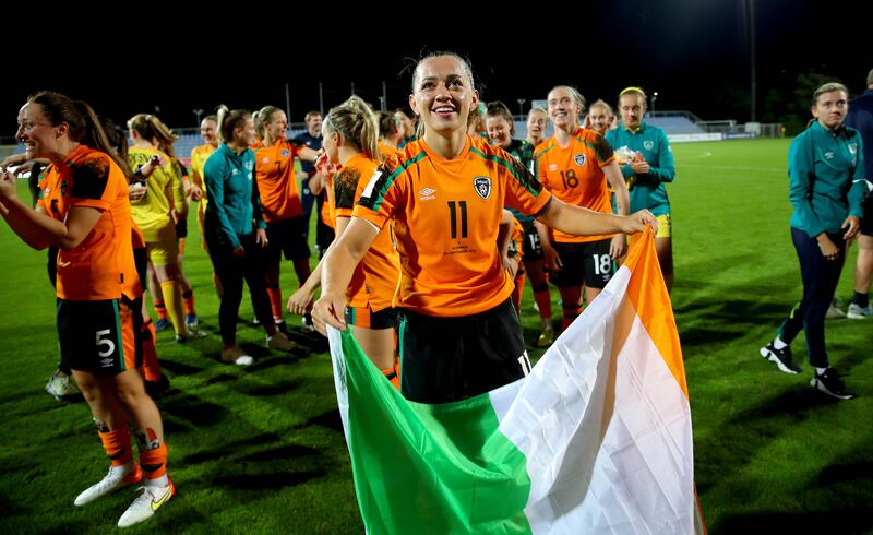 Ireland’s Katie McCabe celebrates after victory. Photograph: Ryan Byrne/Inpho