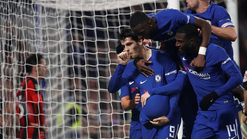 Chelsea’s Alvaro Morata celebrates scoring the winning goal in the Carabao Cup quarter-final against Bournemouth at Stamford Bridge. Photograph: Eddie Keogh/Reuters